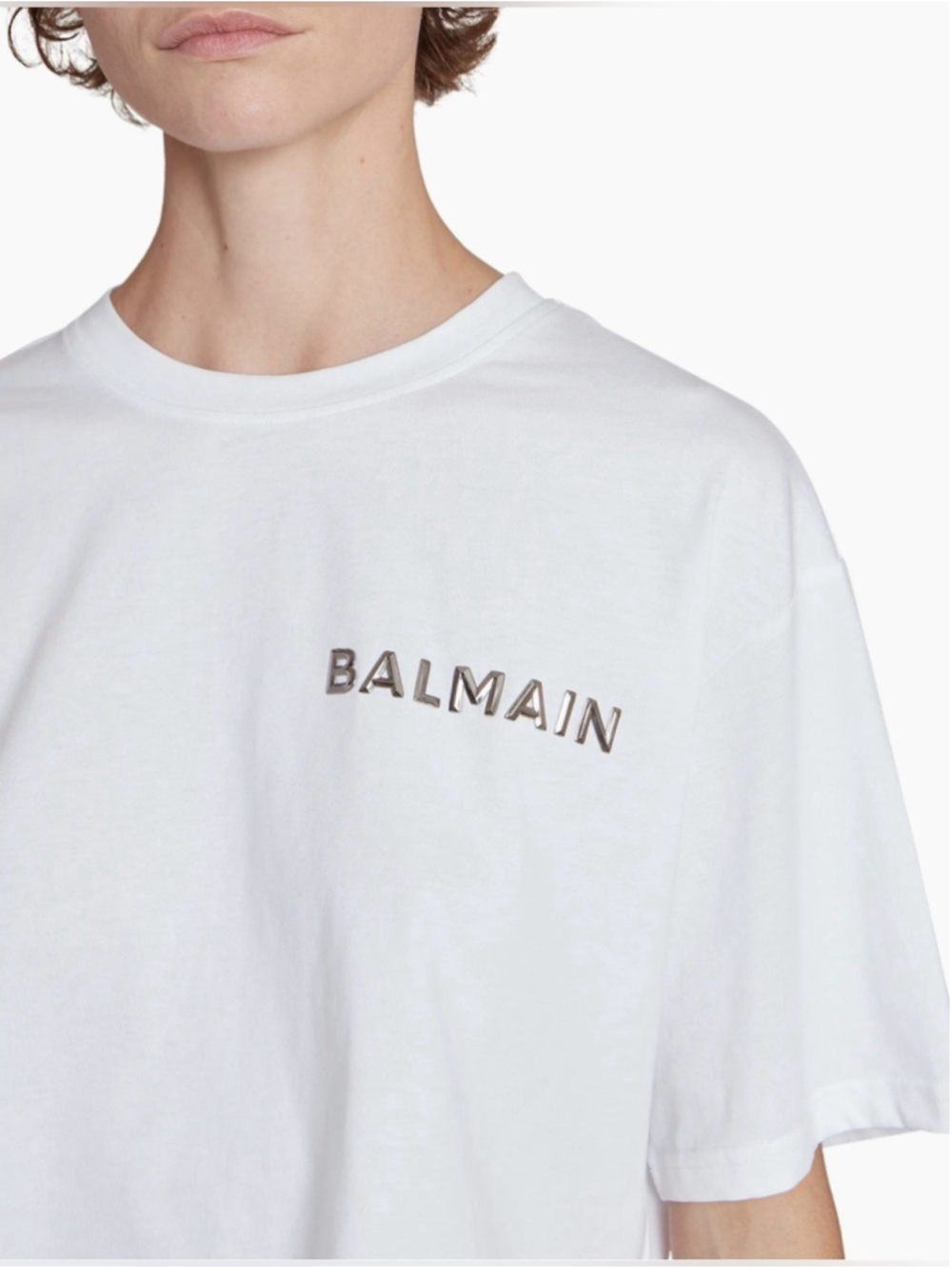 $495 BALMAIN Laminated Logo Cotton Crop T-Shirt Large - Picture 3 of 13